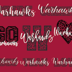 May include: A red background with black and white text that says "Warhawks" in different styles and patterns. The text is in a variety of fonts and includes a heart with a leopard print pattern.