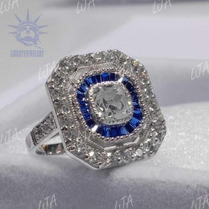 2.30Ct Cushion Cut Halo Engagement Ring,Blue Sapphire 925 Sterling Silver Ring,Art Deco Statement Jewelry,Vintage Cocktail Ring Gift For Her