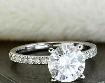 2.30 Ct Round Cut Diamond Engagement Ring in 925 Sterling Silver, Solitaire Pave Band Wedding Ring for Her