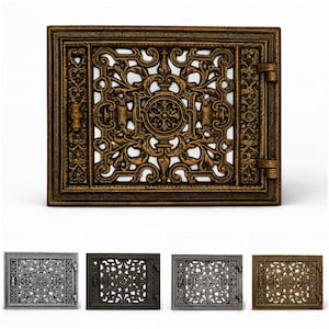 May include: Ornate, rectangular metal vent cover with a detailed, scrolling floral design. The cover is bronze-colored with a hinged door and a white background. Additional covers in silver, black, and gray are shown below.