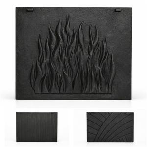 Peut inclure: Insert de cheminée noir avec un motif de flammes en relief. L'insert rectangulaire présente une surface texturée et un motif de flammes détaillé. Images supplémentaires montrant d'autres modèles.