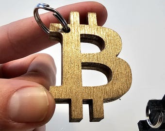 Gold Bitcoin Keychain | Custom Color Cryptocurrency Key Ring | Wooden Crypto Token with Stainless Steel Key Ring Unique Cryptocurrency Gift