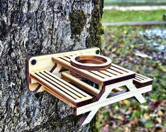 Squirrel Picnic Table Feeder – Solid Spruce Wood, Tree or Fence Mounted, Two Sizes, Custom Colors