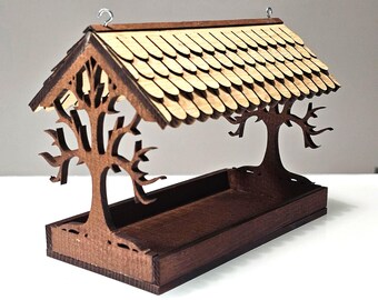 Handcrafted Wooden Bird Feeder: Oak Shingle Roof, Tree Design