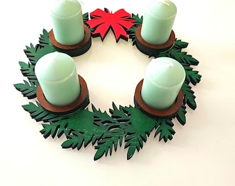 Advent Wreath with Red Ribbon – Eco-Friendly Beech Hardwood Christmas Countdown Centerpiece – Available in 2 Sizes
