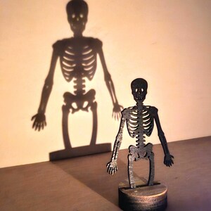 Op de afbeelding: Een zwart skeletfiguur werpt een schaduw op een muur. Het figuur staat op een houten voet.