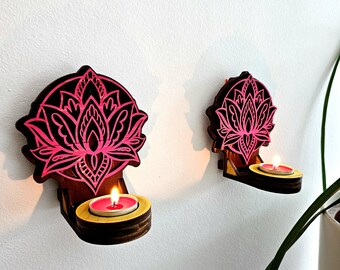 Sconce Pair Lotus Mandala 3D Boho Candle Stand – Pink Wall-Mounted Customizable Wooden Tealight & Stick Candle Holder for Wall Décor
