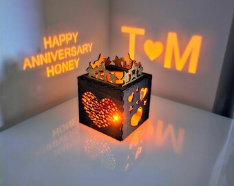 Wedding Anniversary Gift – Heart Projection Lantern with Golden Stars Topper, Personalized Romantic Candle Holder For Him Or Her