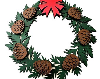 Modern Wooden Christmas Door Wreath – Green with 3D Red Ribbon & Pine Cones, Laser-Cut Beech Plywood, Eco-Friendly And Durable