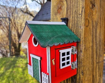Handcrafted Red Birdhouse: Engraved Green Roof, Fairy Cottage Design