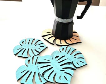 Monstera Leaf Coaster Set: Tropical Home Decor, Beech Wood