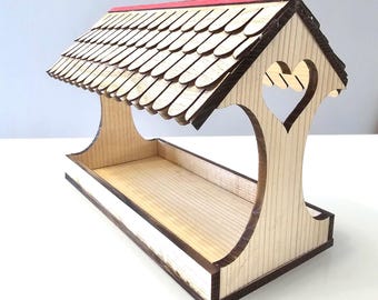 Handcrafted Wooden Bird Feeder: Oak Shingles Roof, Heart Cutout