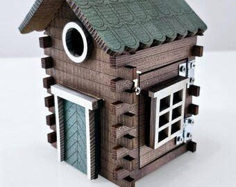 Handmade Rustic Log Cabin Birdhouse: Wooden Nesting Box with Green Roof