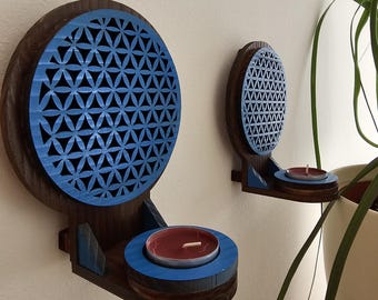 Wall-Mounted Candle Holder –Customizable Wooden Sacred Geometry Flower of Life Sconce - Pair or Single