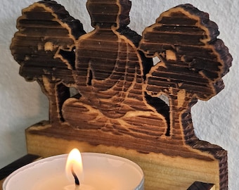 3D Engraved Buddha Tea Light Holder – Spruce Wood Wall Decor for Yoga and Meditation