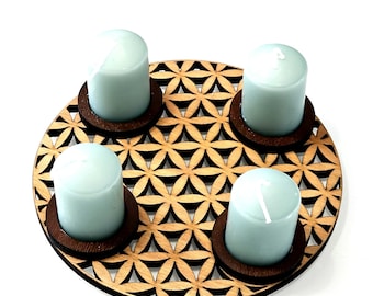 Advent Wreath with Flower of Life Pattern Modern Boho Wooden Natural Beech with Oil Finish – Includes Candles, 2 Sizes