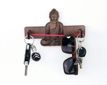 Meditating Buddha Sunglasses & Key Holder – Deep Engraved, Zen Wall Organizer with Red String