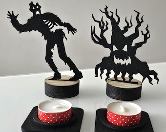 Halloween Shadow Caster Tealight Holders: Spooky Tree & Zombie Silhouette