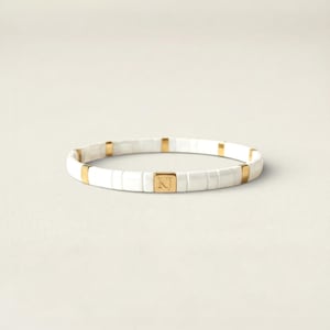 Wisdom White & Gold Beaded Bracelet – Japanese Tila Bead Bracelet, Waterproof Stackable Jewellery, Handmade Gift