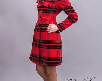 Fitted Women's Plaid Wool Coat, Button-Up Tailored Coat with Pockets, Red and Black Checkered Coat