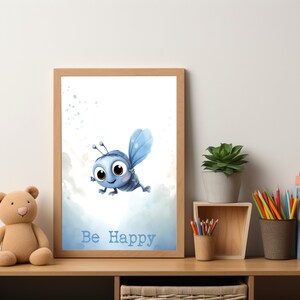 Baby Blue Insect Nursery Room Wall Art Print| Be Happy Quote | High-Quality Printable, Digital Download
