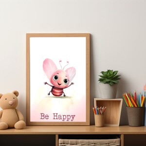 Blush Pink Insect Nursery Room Wall Art Print| Be Happy Quote | High-Quality Printable, Digital Download