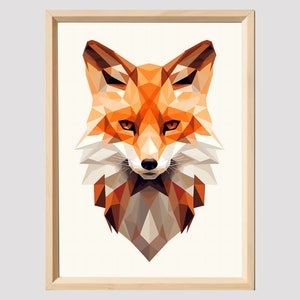 Puede incluir: Una ilustración geométrica de un zorro con colores naranja, blanco y marrón. El zorro está mirando hacia adelante con la cabeza ligeramente inclinada hacia abajo. La ilustración está en un estilo simple y moderno.