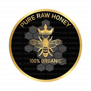 Circle Pure Raw Honey Jar 100% Organic Label Editable Printable Black Gold Bee