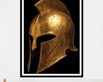 Gold Spartan Helmet Wall Art | Realistic Warrior Poster | Ancient Greek Decor | Spartan Lover Gift | Spartans Digital Download PNG JPG