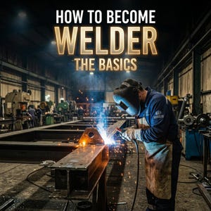 Op de afbeelding: Een lasser met een beschermende helm en schort werkt aan een metalen balk in een werkplaats, waarbij felle vonken ontstaan. De tekst HOW TO BECOME WELDER THE BASICS staat in grote, dikke, goudkleurige letters bovenaan de afbeelding.