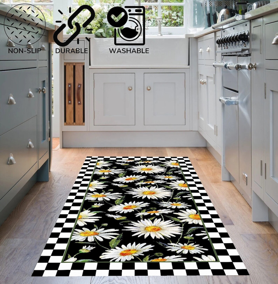 Black and White Striped Daisy Pattern Kitchen Rug,floral Kitchen Rug