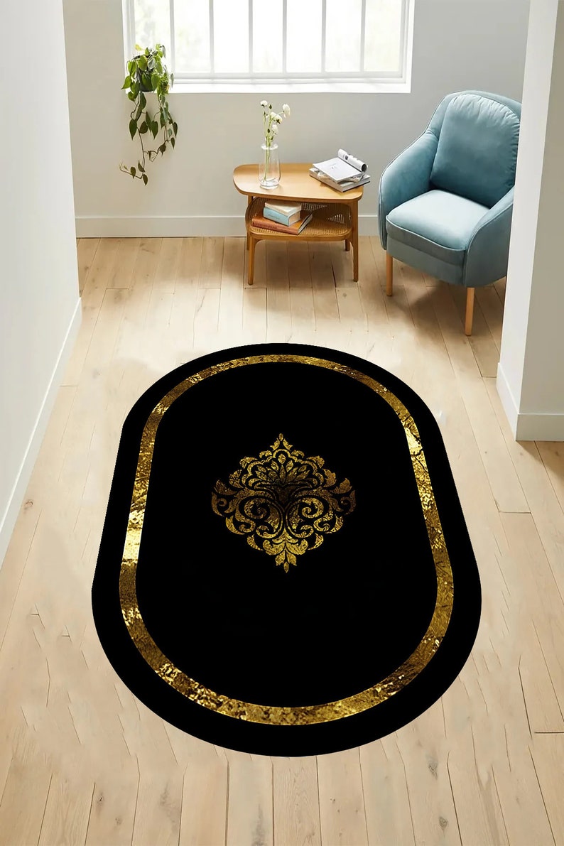 Golden Pattern Black Rug Black Gold Rug Washable Area Rugs Etsy