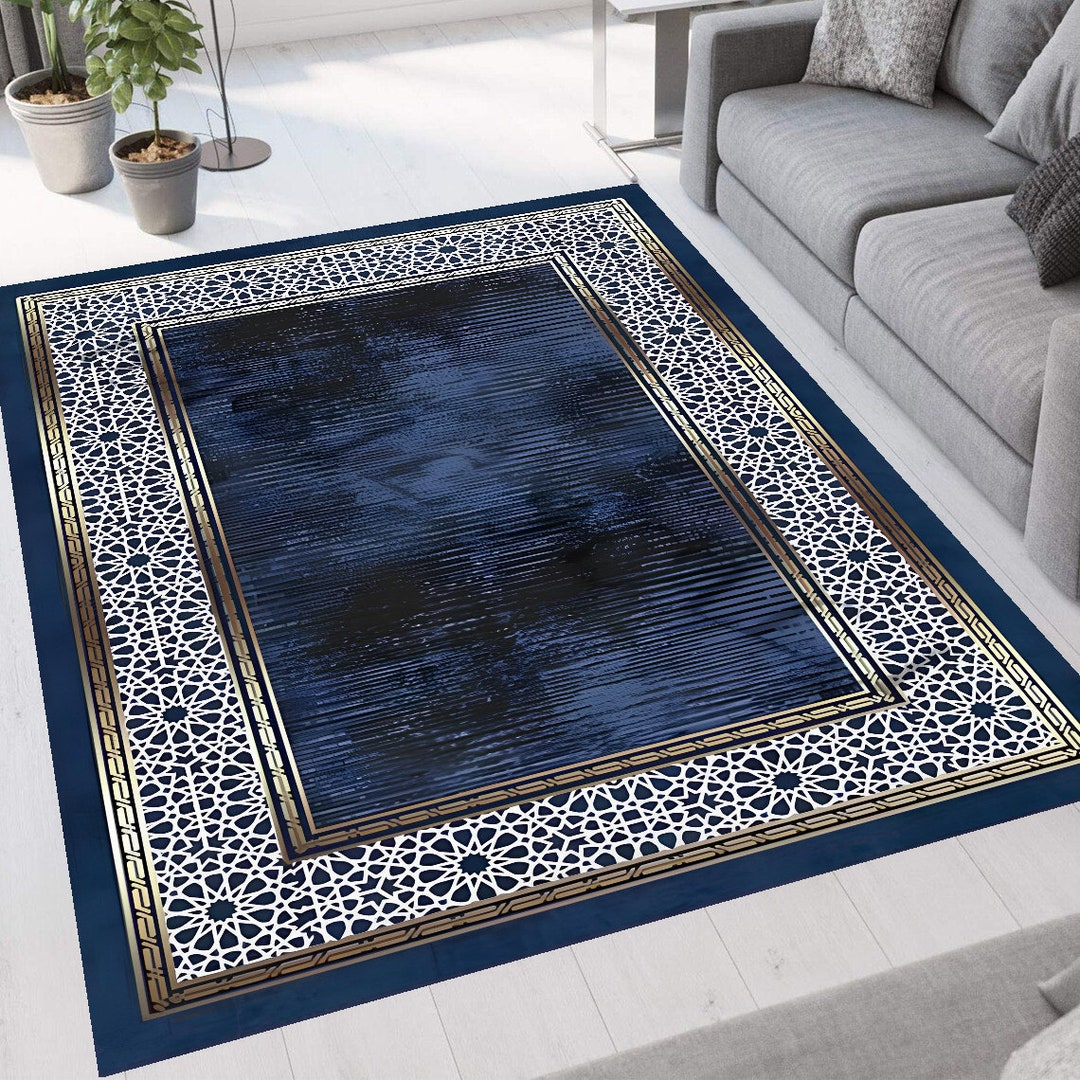 Golden Striped Navy Blue Rug, Washable Area Rugs, Rugs for Living Room