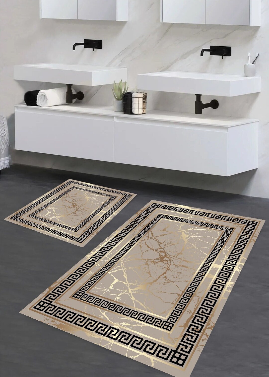 Set of 2 Marble Design Bath Mat, Non-slip Bath Rug,beige Gold Bath ...