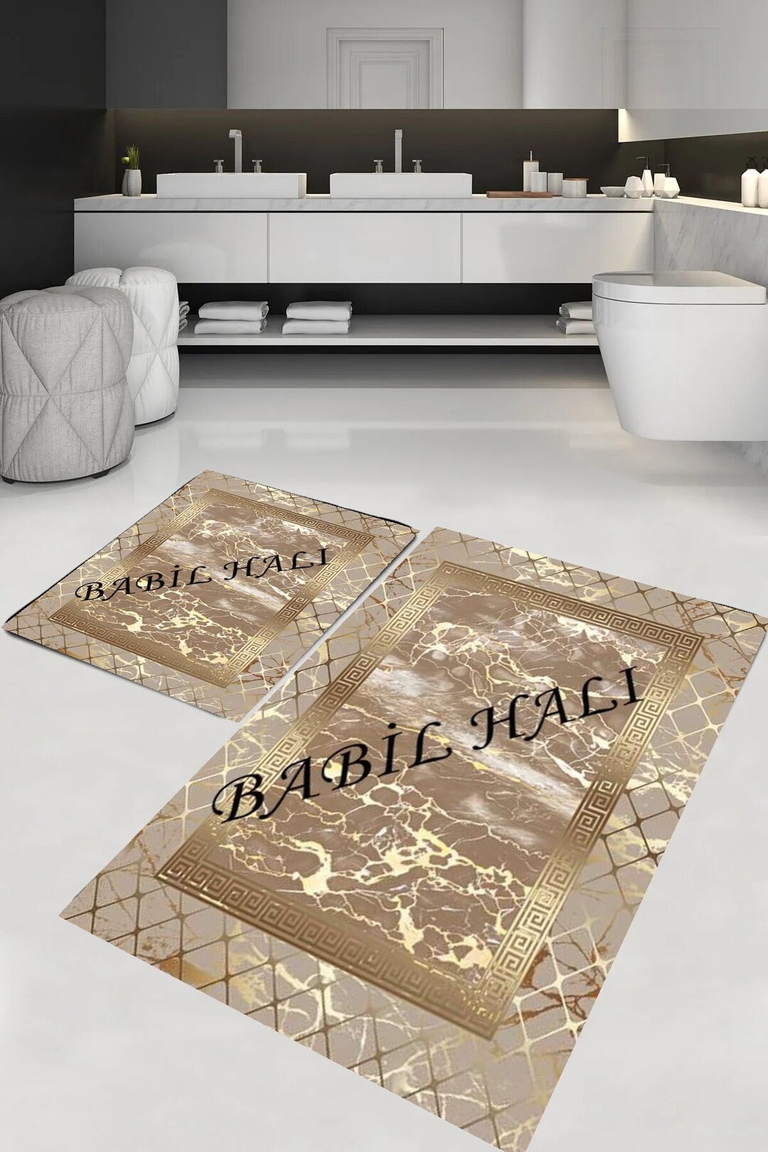 Greek Key Marble Design Bath Mat, Non-slip Bath Rug,white Gold Bath ...