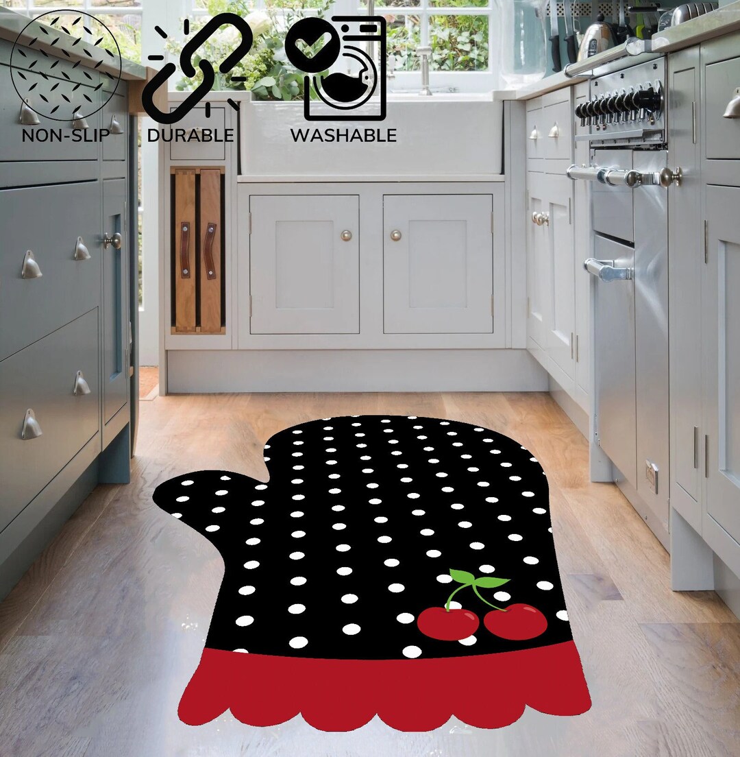Cherry Pattern Kitchen Red With Black Kitchen Rug Kitchen Etsy UK