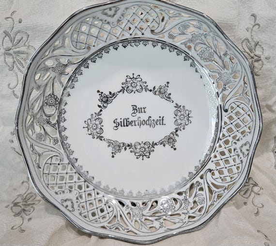 Vintage Schumann Porcelain "Zur Silberhochzeit" (25 year Silver Anniversary) Silver and White Reticulated Bowl.
