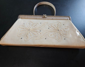 Vintage 1950s Lucite Handbag: Embroidered Floral Vinyl Purse