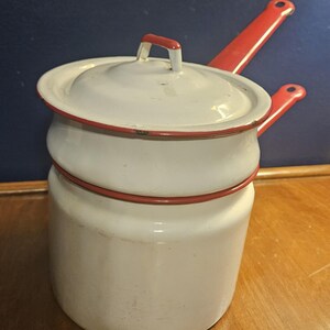 Vintage 1930's to 1950's White Enamelware Double Boiler with Lid Having Red Trim and Red Handles