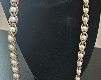 Vintage 1980s Signed Napier Faux Pearl Gold-Tone Chain Necklace, Patent 4774743 - Rare 24" Length