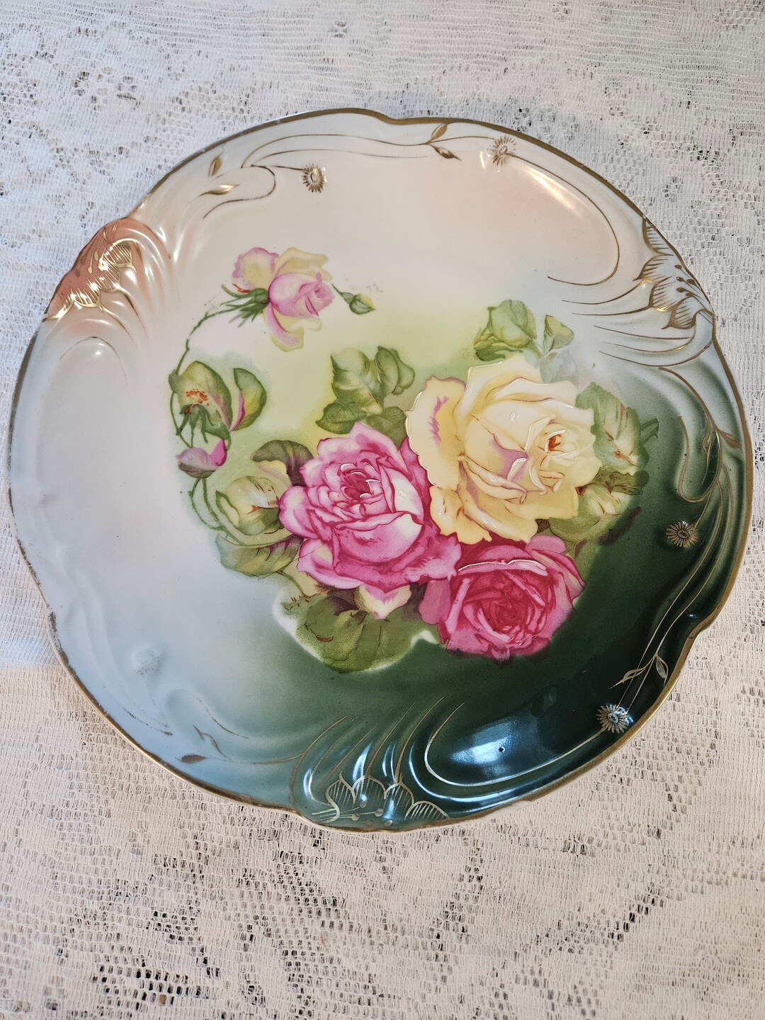 Vintage Bavarian Hand Painted Scalloped Serving Bowl With Pink and
