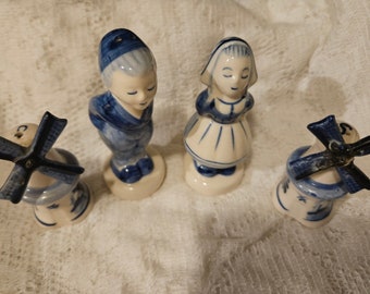 Vintage Dutch Girl and Boy Salt and Pepper Shakers plus Windmill Salt and Pepper Shakers. All in Blue and White