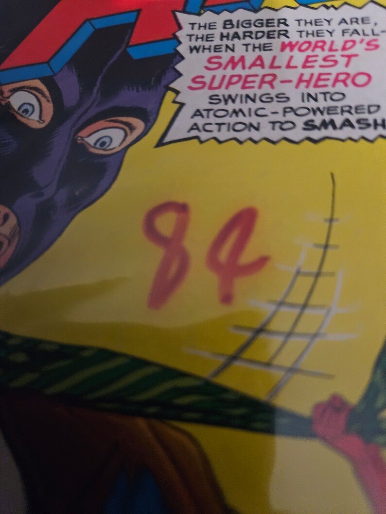 K&ouml;nnte beinhalten: Ein Comic-Cover mit einem maskierten Superhelden in einem rot-blau-gelben Kost&uuml;m. Der Text auf dem Cover lautet "THE BIGGER THEY ARE, THE HARDER THEY FALL - WHEN THE WORLD'S SMALLEST SUPER-HERO SWINGS INTO ATOMIC-POWERED ACTION TO SMASH". Die Zahl 84 ist in Rot auf gelbem Hintergrund geschrieben.