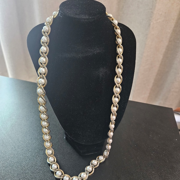 Vintage Signed Trifari Faux Pearl Intertwined in Gold Tone Framed Necklace.