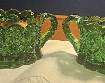 Antique U.S. Glass Company Emerald Open Sugar Bowl and Creamer Set in the (EAPG) Cane and Star Medallion line, "The States" pattern 15093