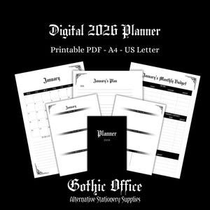 May include: A digital 2026 planner with printable PDF pages. The planner includes a calendar, monthly budget, and planning pages. The cover is black with the word "Planner" and the year 2026. The text "Gothic Office" is also visible.