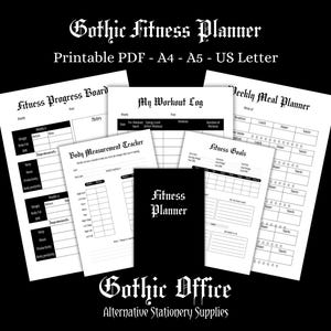 May include: A black and white printable fitness planner with a gothic font. The planner includes pages for fitness progress, workout logs, meal planning, body measurements, and fitness goals.