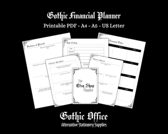 Gothic Etsy Planner for Alternative Small Product Based Business Owners and Creators, Black and White Printable PDF Digital Download File