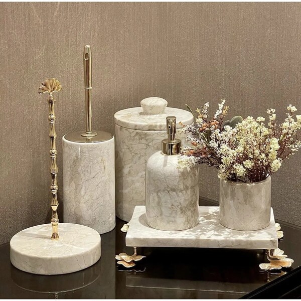 Natural Marble Bathroom Accessories Set | Luxury Bath Decor with Brass Accents