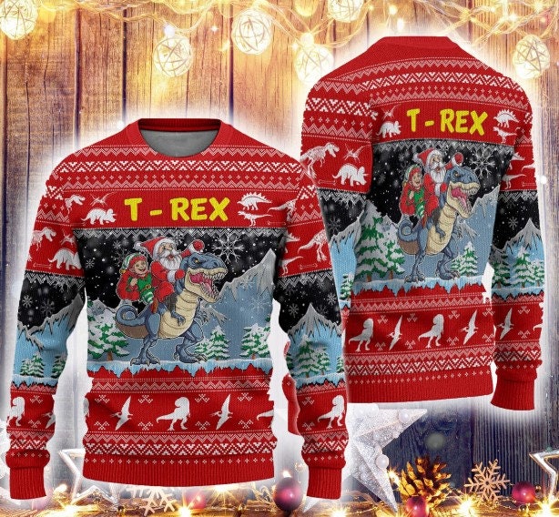 Discover Santa Riding T Rex Ugly Christmas Sweater/ Funny Santa Claus Sweater for Men or Women/ Trex Outfits Funny Ideas